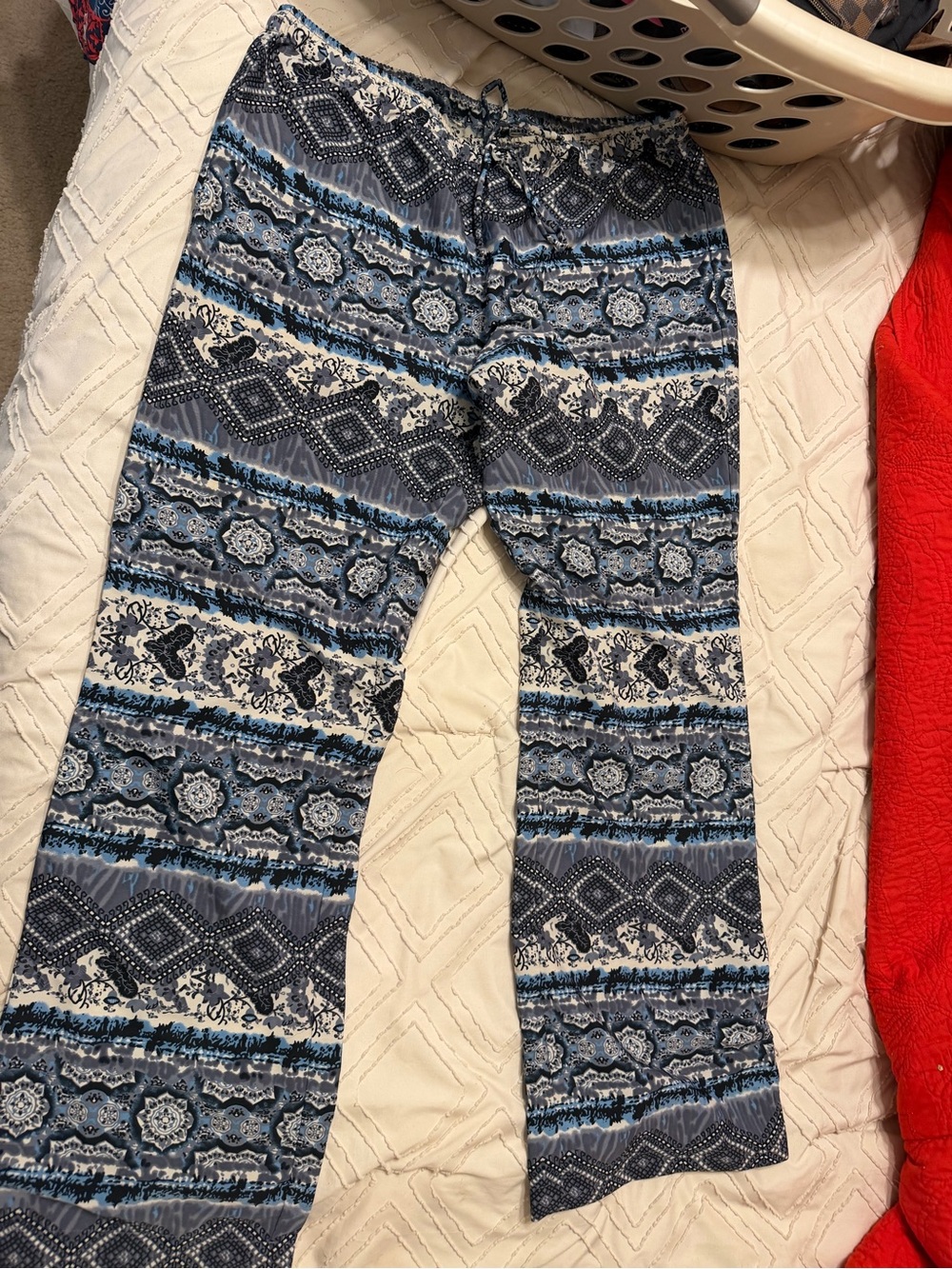 Blue Patterned Wide-Leg Pull-On Pants